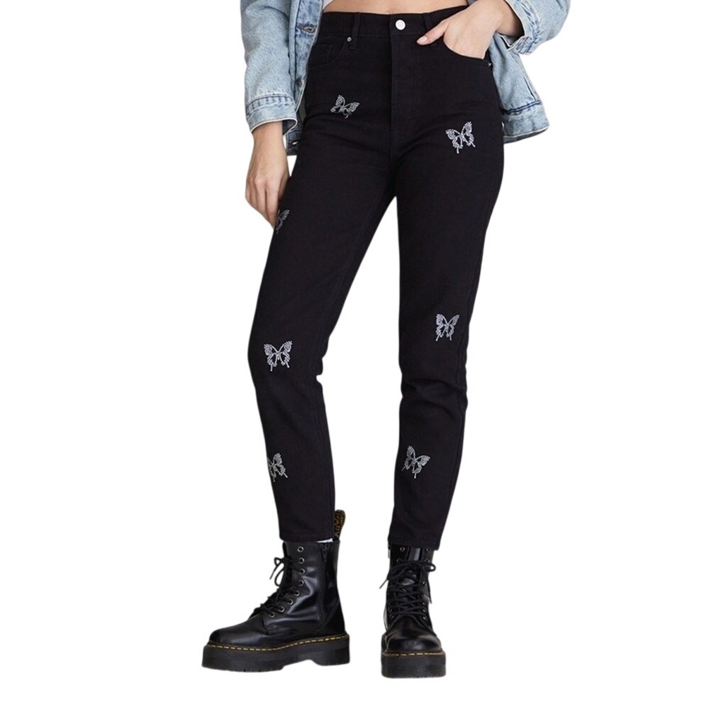 PacSun Butterfly Rhinestone Ultra High Rise Slim Jeans Womens 23 Black y2k